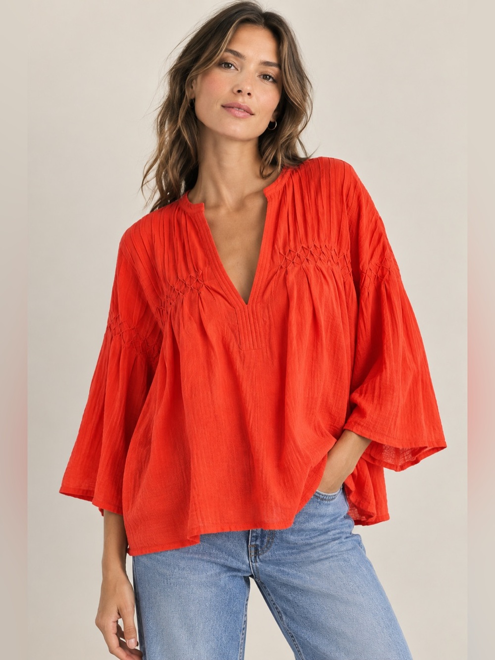Madewell Smocked Gauze Red Coral V Neck Bell Sleeve Tunic Top size Medium